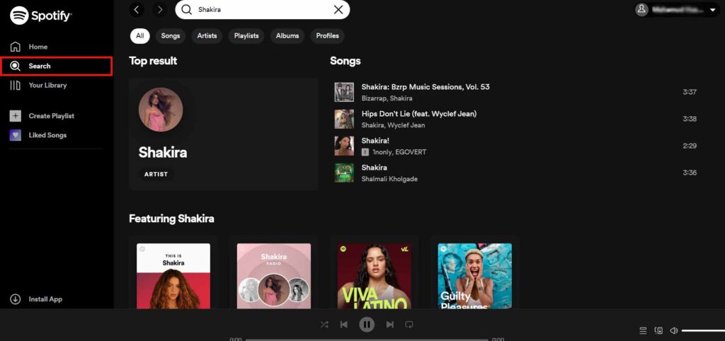 Search for a track on the Spotify web player